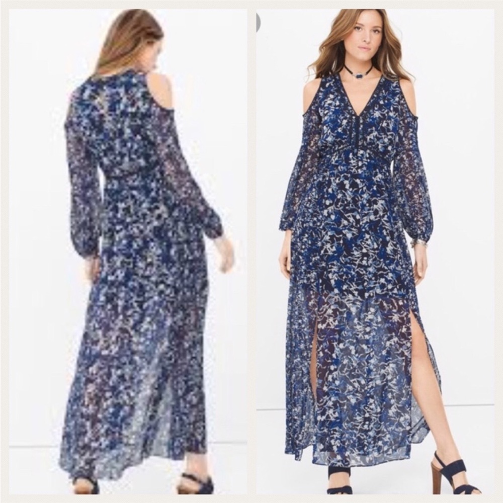 Long floral, dress, White House Black market, cold shoulder navy chiffon size 8